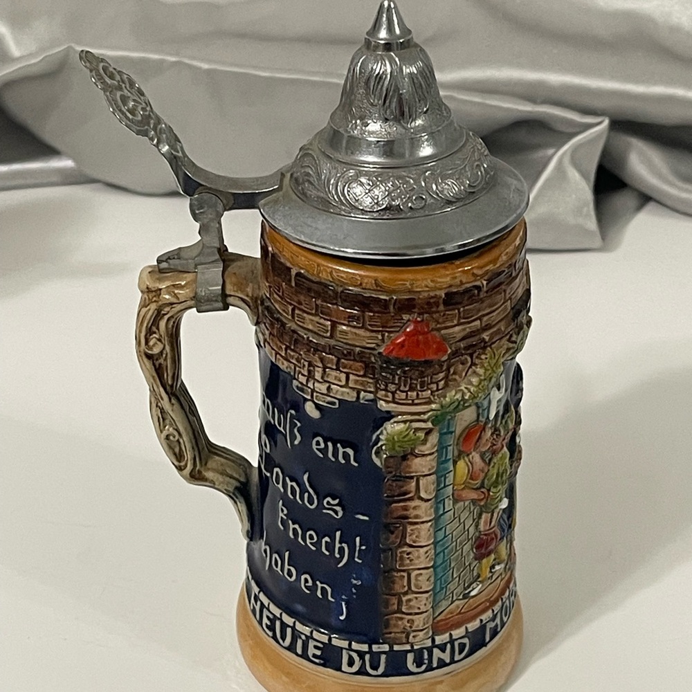 Vintage Reinhold German Ceramic Beer Stein with Pewter Lid - 6”
